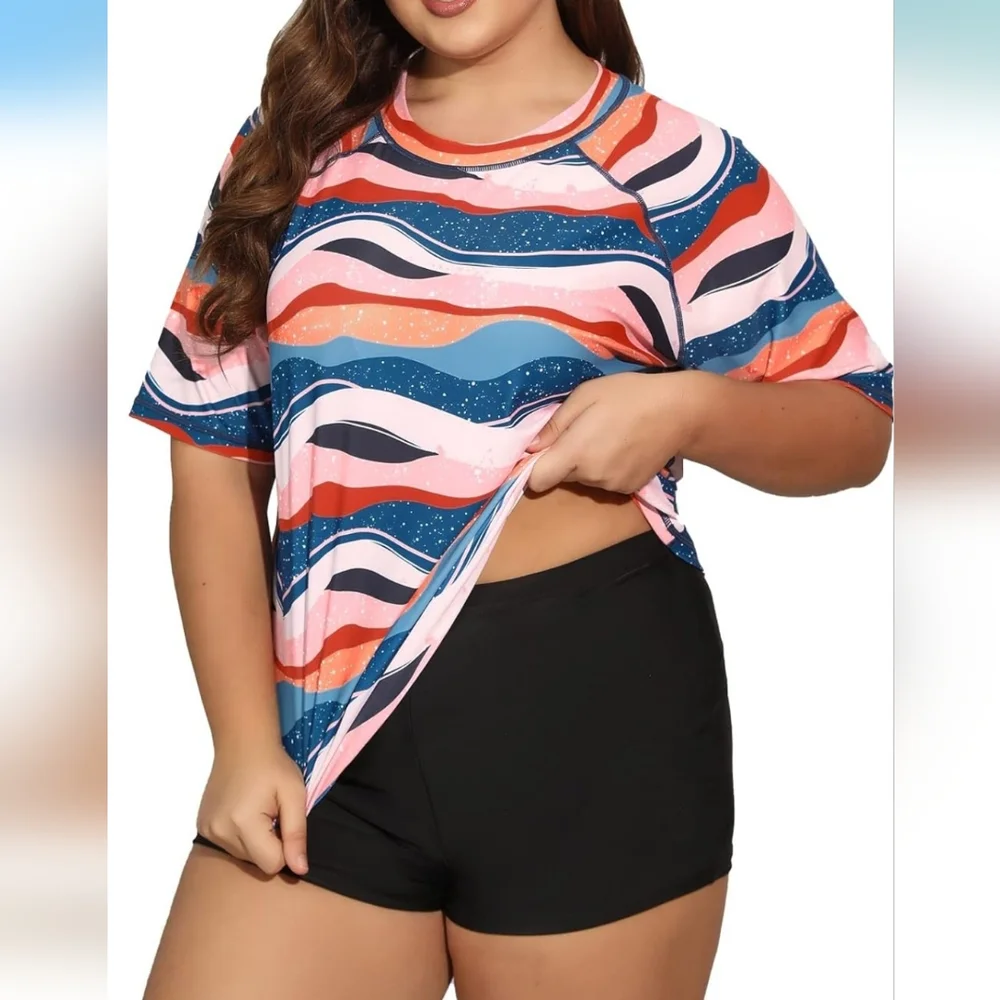 Two Piece PLUS SIZE Short Sleeve Rash Guard Colorful Wave Pattern Swim Set
